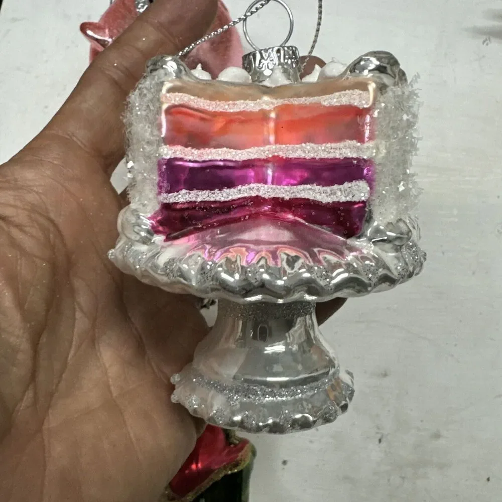 Lot of 3 Blown Glass Tree Ornaments Vtg‎ Christmas + Teddy Bear + Piggy + Cake